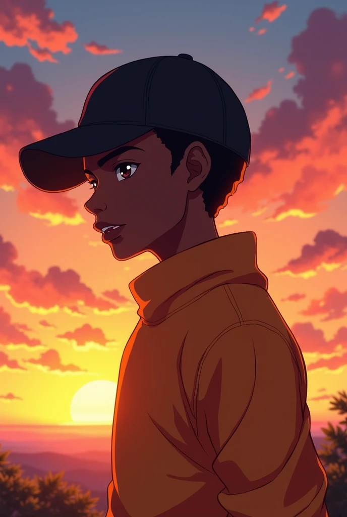 A young black man at sunset with a black cap and orange sweater anime version 