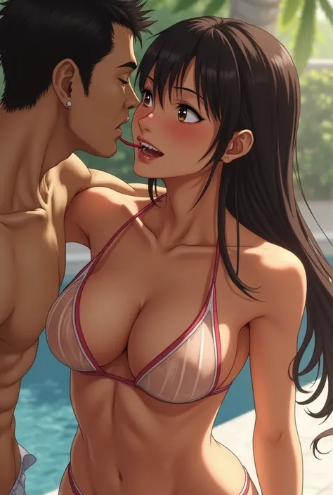 Hyper realistic Mai Shiranui wearing transparent bikini. A man licking her breasts. Her nipples are clearly visible