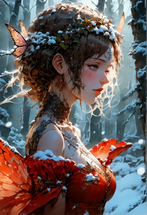 (oil painting art: 1.5) a most beautiful fairy playing in the snow, a beautiful fairy, ((full body shot: 1.5)), (best detailed face: 1.3), spread butterfly wings, dynamic hair color, dynamic hair style, busty, wearing red silk dress, intricate silk, wearin...