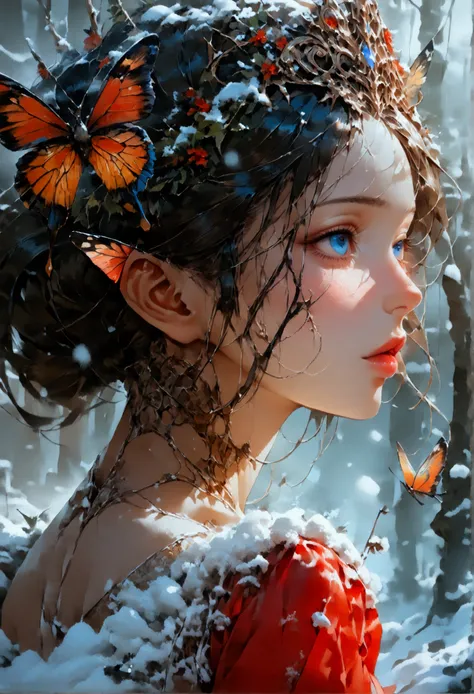 (oil painting art: 1.5) a most beautiful fairy playing in the snow, a beautiful fairy, ((full body shot: 1.5)), (best detailed face: 1.3), spread butterfly wings, dynamic hair color, dynamic hair style, busty, wearing red silk dress, intricate silk, wearin...