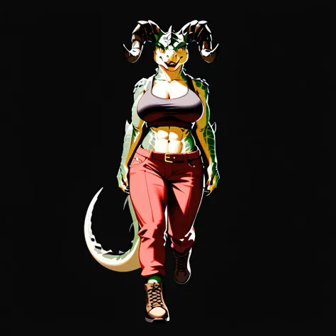 (((Masterpiece))), ((4k)), (best body), Solo, score_9,score_8_up,score_7_up, kemono style, Anthro deathclaw from fallout, Anthro reptile girl, snout, green scaled skin, gold eyes, black lips, black horns, black ram horns, athletic body, smiling, wearing br...