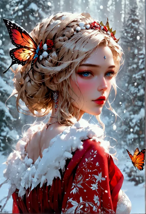 (oil painting art: 1.5) a most beautiful fairy playing in the snow, a beautiful fairy, ((full body shot: 1.5)), (best detailed face: 1.3), spread butterfly wings, dynamic hair color, dynamic hair style, busty, wearing red silk dress, intricate silk, wearin...