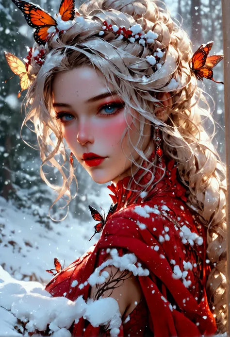 (oil painting art: 1.5) a most beautiful fairy playing in the snow, a beautiful fairy, ((full body shot: 1.5)), (best detailed face: 1.3), spread butterfly wings, dynamic hair color, dynamic hair style, busty, wearing red silk dress, intricate silk, wearin...