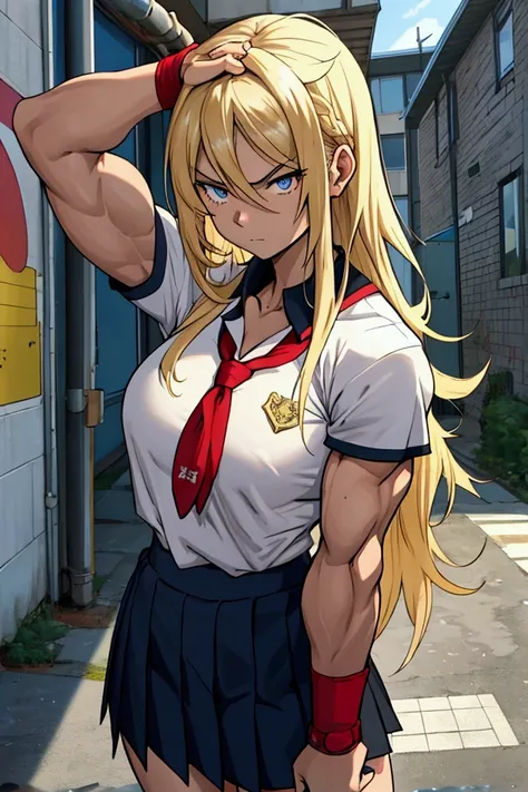 A colorful manga-style illustration showing a young girl with long blonde hair and a determined, stern expression? She is wearing a very tight school uniform that highlights her muscles, particularly her extremely muscular arms. In the schoolyard, her righ...