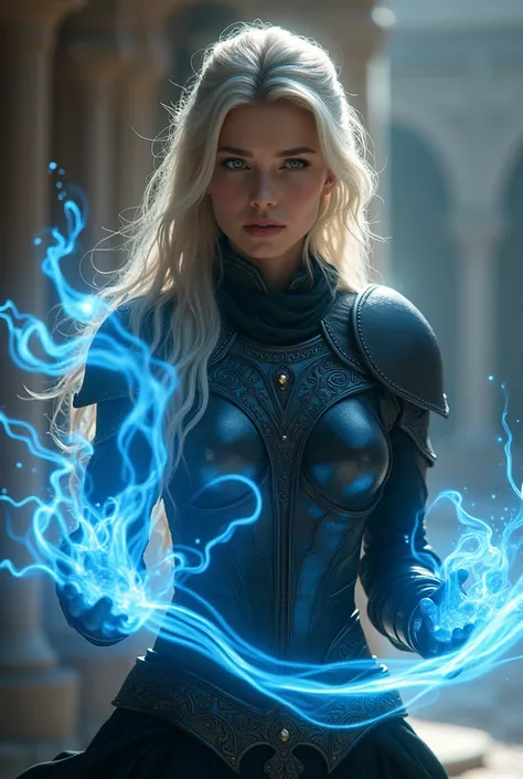 A 30-year-old warrior magical Arabia girl with dark blonde hair and black armor and golden and luminous eyes, with luminous blue long strings stretching out from her fingers and looking to the right.