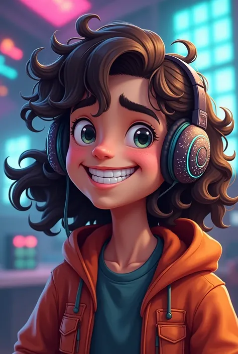 Cartoon male character 1 long curly hair with gamer headphones
