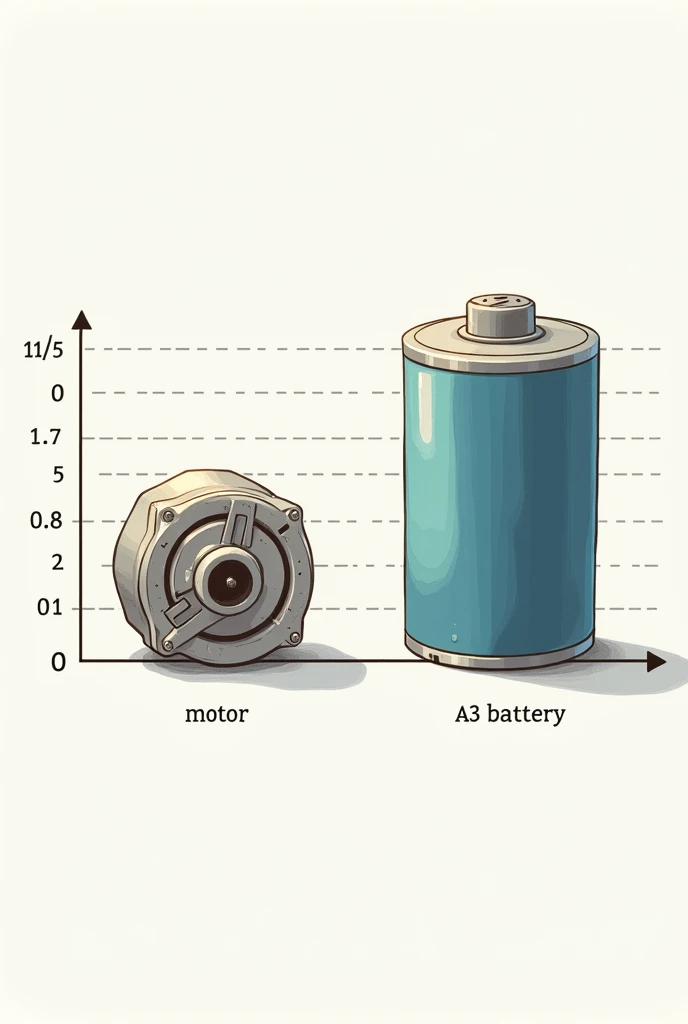 Create a picture with a bar graph of a 13 volt motor and an A3 battery, voltage has the motor 1.7 and battery 1.5 