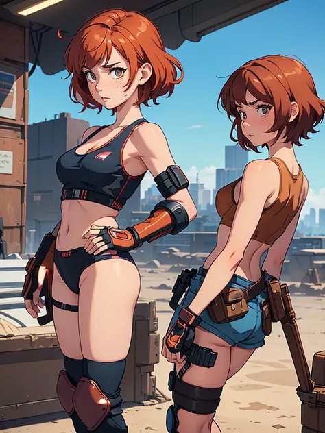 (masterpiece), (best quality), ((one girl)), red copper hair,(brown eyes),short hair, curly hair, anime style, freckles, (small breast), (petite figure), blue tank top, knee pads, legs, (desert background)), cyberpunk jacket, knee guard pads, (almond eyes)...