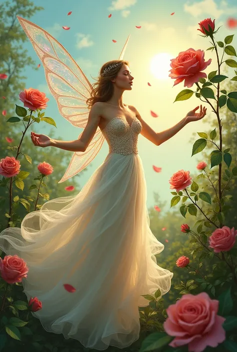  I want to paint a picture of a fairy who has magical powers that allow her to bloom roses beautifully in day under the shin sun