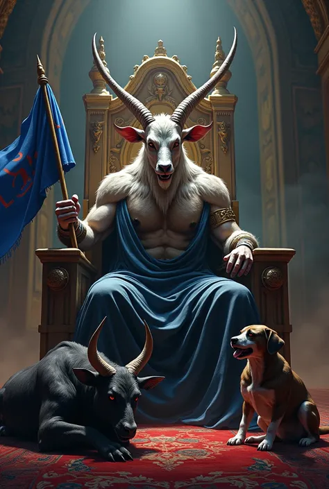 Please create an image of an angry goat sitting on a throne holding in one hand a blue pennant saying LX SUP and at its feet a frightened bull and also a dog