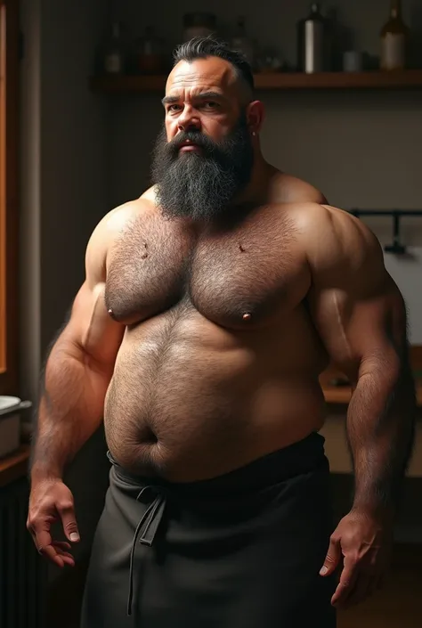 Frenchman, handsome, handsome man, tough man, 50 year old man, big belly, beard, dark mustache, thick mustache, short beard, thick beard, muscular arms, rotund, strong, strongman, wearing only an apron around the waist, flexing arms, thick neck, huge man, ...