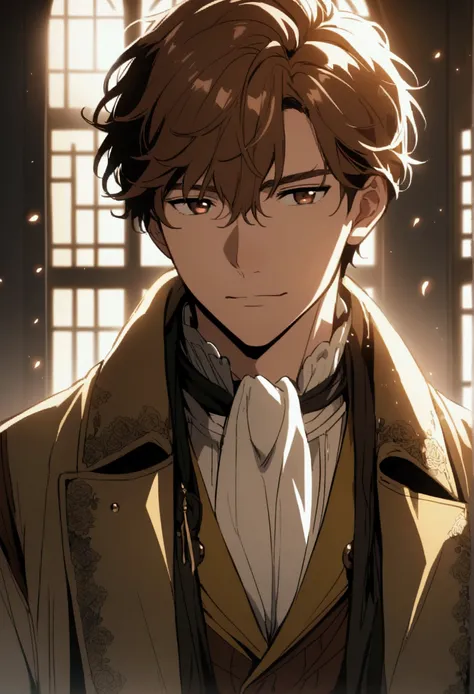 anime boy, brown hair, hazel eyes, and attractive physical features. With hair like Newt Scamander