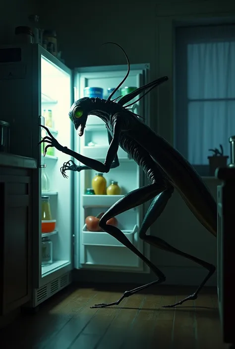 (photorealism:1.2), scary mantis type alien, in my kitchen looking for something in the refrigerator, In the darkness of the night , horror atmosphere