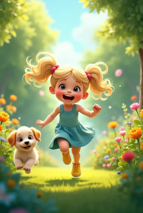 "The  girl with long wavy light blonde hair in two high ponytails, wearing her light blue dress and yellow shoes, running playfully through the garden, laughing as she chases a small, friendly puppy. https://www.seaart.ai/explore/detail/cr5okdle878c73de7n9...