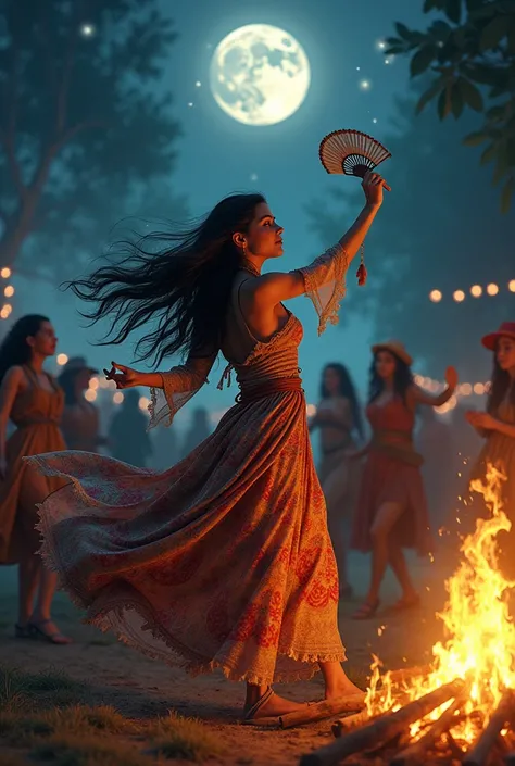 A black-haired gypsy woman dancing with a fan in her hand around a bonfire under a full moon with other gypsies in the background