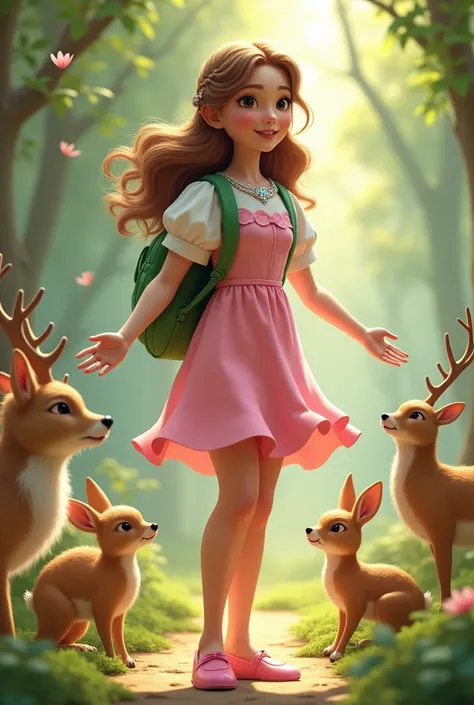 A  in a pink dress and a white shirt with a braid and a green backpack and pink shoes and a diamond necklace talking to the forest animals