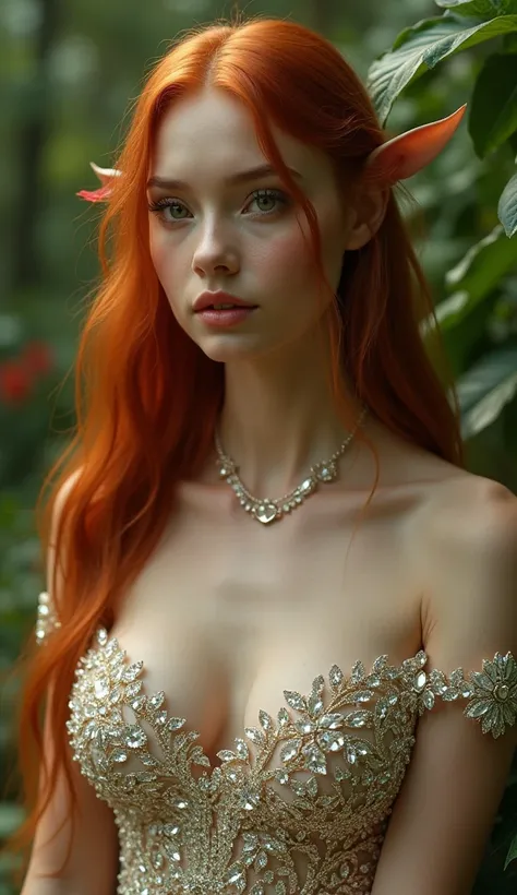 {A hyper-realistic close-up shot of a mystical nymph, focusing from just above her bust to the top of her head, set in a lush, green forest. The nymph has long, straight scarlett red hair that frames her face and falls gracefully over her shoulders. Her sk...