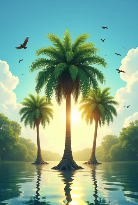 Logo for social media profile with three buriti palm trees (Mauritia Flexuosa) in the swamp, with the sun shining brightly in the blue sky, with vultures flying in the distance.