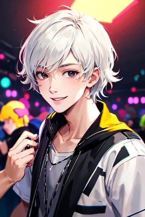 ((masterpiece)), (((best quality))), chromatic lighting,
colorized, white + black limited color palette, 
detailed concept drawing,
in a club, dancing, smiling, no weird object on his face,
portrait, 25yo 1guy, slender, street fasion, short white hair, bla...