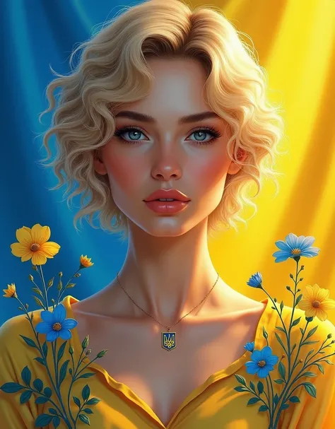 a beautiful ukrainian woman with blonde short curly hair, elegant and confident, digital art masterpiece, vibrant colors of blue and yellow, ukrainian flag, ukrainian flowers, coat of arms of ukraine, best quality,4k,masterpiece, not realistic,studio light...