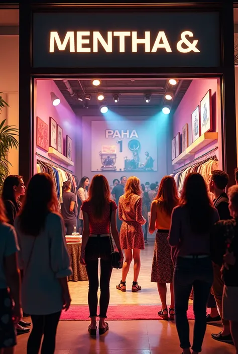 a pop up store of the peruvian fashion brand "mentha & chocolate", that shows people enjoying a music event inside the store (also please show the name of the store)