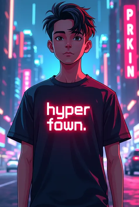 The shirt says "Hyper Town" in black.