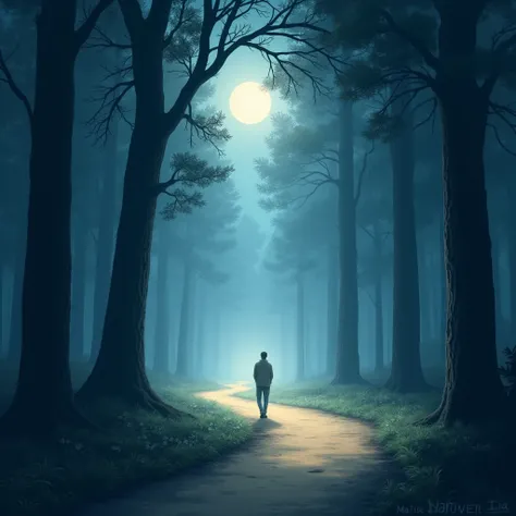 Illustrate a peaceful, moonlit forest with a path illuminated by soft, ethereal light. A person walks alone, guided by this light, symbolizing belief without sight, trusting in the divine presence unseen but deeply felt.