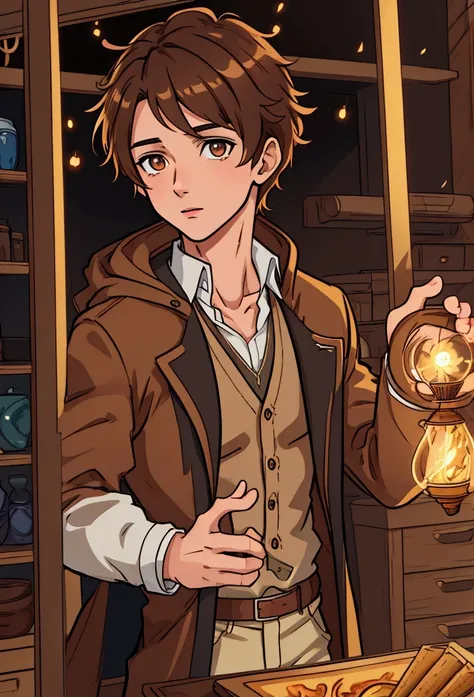 anime boy, brown hair, hazel eyes, and attractive physical features. With hair like Newt Scamander