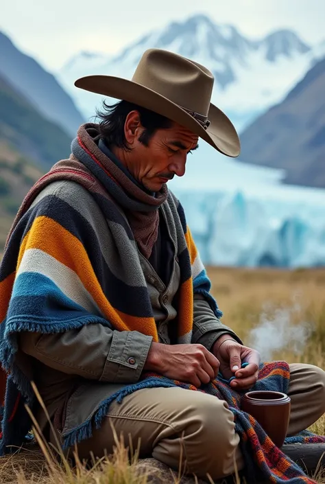 A gaucho with a poncho making a poncho with the Argentine flag with a mate on the side and the Perito Moreno in the open air in the background