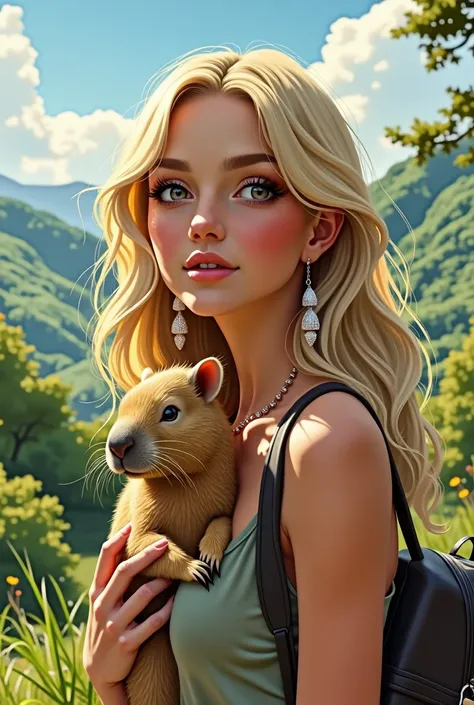 fanart of italian blonde, wavyhair, long silver earrings, rosy cheeks and nose tips, pet capybara on a trip to the southern Brazilian countryside in light clothing, but discreet