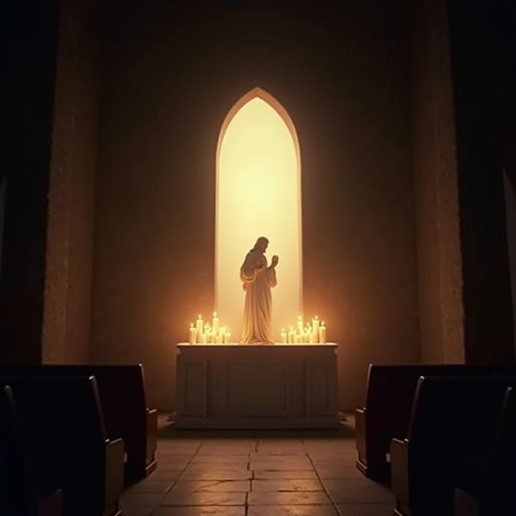 Visualize a humble, candlelit chapel with an empty altar. The warm light from the candles flickers softly, and a faint silhouette of Jesus is visible through the glow, embodying the essence of faith in what is not visible to the eye.