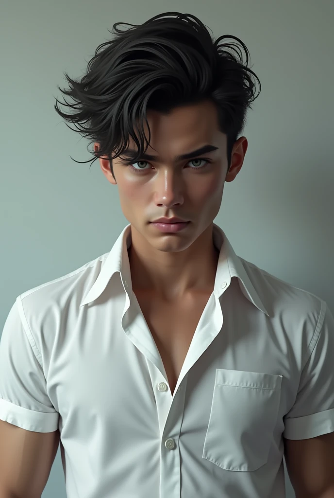 Create an intimidating young man, serious and attractive. He has dark hair and grey eyes.. He has a broad back as well as his shoulders.. He has a fine white shirt