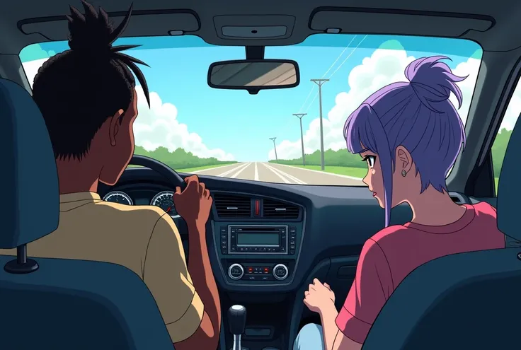 Interior of a car with a black male driver with braided hair and a ponytail, a black woman in the passenger seat and in the back seat a white woman with short hair and purple highlights, a road in the windshield view, Anime style back view
 
