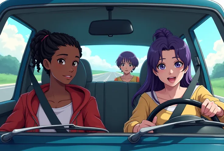 Interior of a car with 3 characters, a black male driver with braided hair and a ponytail, a black woman in the passenger seat and in the back seat a white woman with short hair and purple highlights, a road in the windshield view, Anime style back view
 
