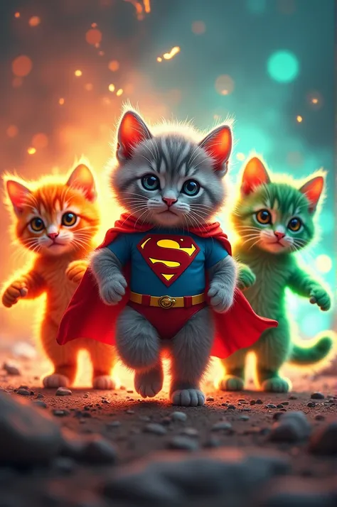 The image you uploaded shows three adorable kittens, each stylized with unique superhero-like elements:

1. **Left Kitten**: A bright red kitten with an intense fiery glow surrounding it. The kitten has a fierce, determined expression, and the background i...