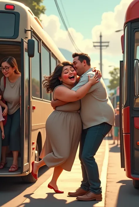 Generate image of a chubby woman in blouse and skirt, running to hug a tall, thin man, light outfits, get off the bus at the bus station.