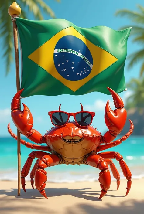 A crab with sunglasses holding the flag of Pernambuco
