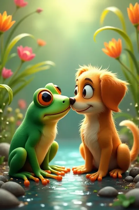 A frog kissing a dog 