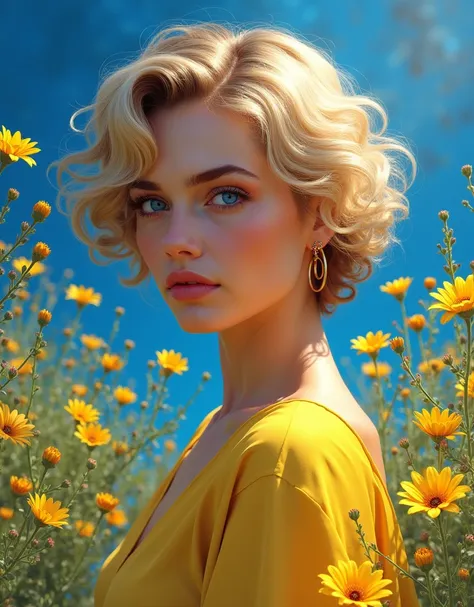 a beautiful ukrainian woman with blonde short curly hair, elegant and confident, not realistic face, digital art masterpiece, vibrant colors of blue and yellow, ukrainian flag, ukrainian flowers, coat of arms of ukraine, best quality,4k,masterpiece,studio ...