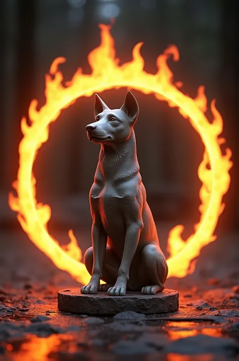 Sitting dog statue with circle of fire behind 