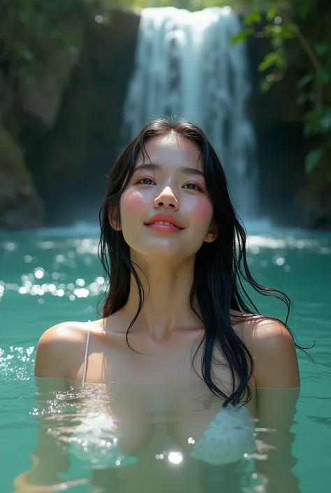 A beautiful young woman with bright blue eyes, dark hair, and soft pink skin, joyfully bathing near a stunning, crystal-clear waterfall surrounded by lush, natural scenery, highly detailed and realistic, 8k resolution, cinematic lighting, photorealistic, m...