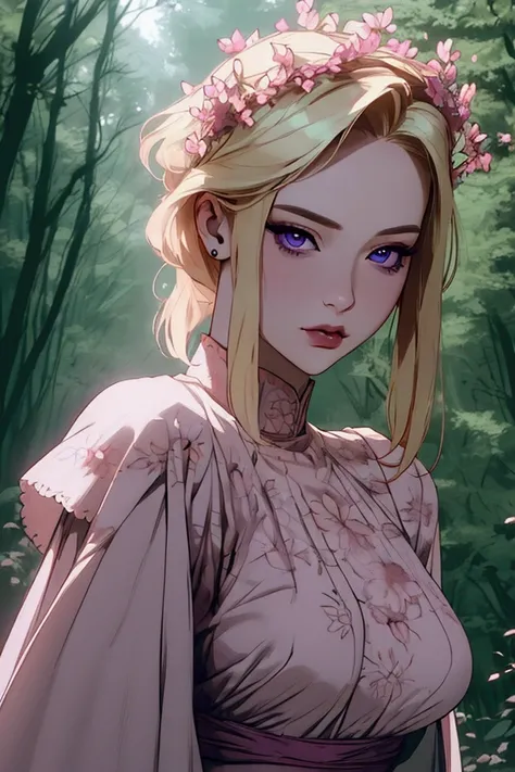 hyper-realistic of a sweet and spicy woman with flowing short blonde hair, long bob, piercing purple eyes, and a delicate floral crown, backwards, looking back, upper body, (forest)
