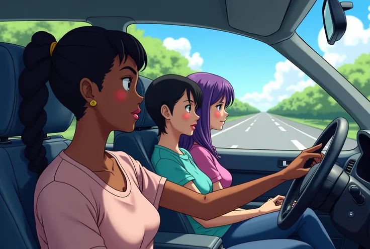 Interior of a car with 3 characters, a black male driver with braided hair and a ponytail, a black woman in the passenger seat and in the back seat a white woman with short hair and purple highlights, a road in the windshield view, in anime style
 
