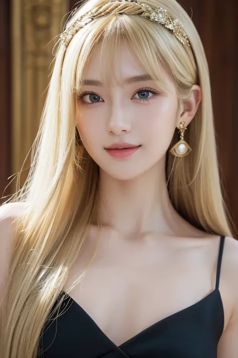 One person, solo, Long Hair, High resolution, chest, Gaze, smile, Open your mouth, bangs, Blonde, とてもLong Hair, Golden Eyes, hair band, Earrings, masterpiece, Highest quality, 