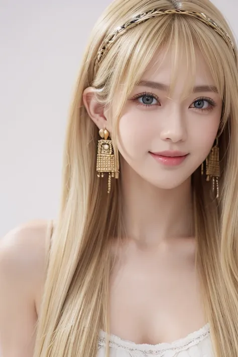 One person, solo, Long Hair, High resolution, chest, Gaze, smile, Open your mouth, bangs, Blonde, とてもLong Hair, Golden Eyes, hair band, Earrings, masterpiece, Highest quality, 