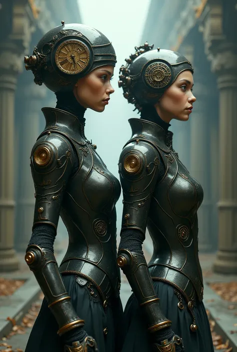 there are two women in armor standing next to each other, highly detailed surreal vfx, inspired by Peter Lindbergh, desaturated and muted colors, inspired by Nikola Avramov, clockpunk, detailed and beautiful faces, by Steven James Petruccio, prometheus (20...