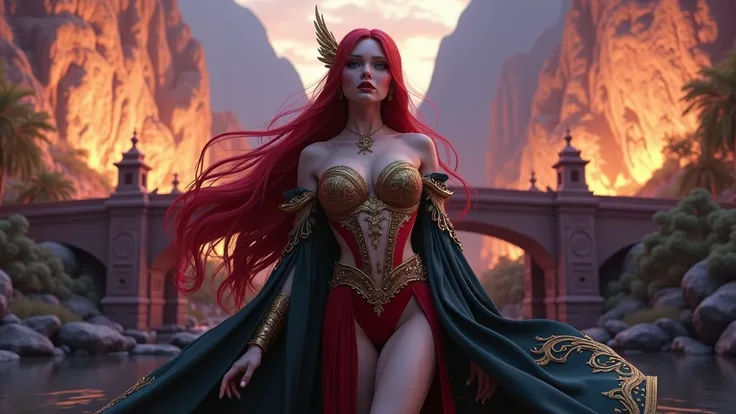 A cinematic, hyper-detailed, and photorealistic 3D render of a fantasy setting. A sensual woman with red hair and vibrant eyes and lips is the main focus. She is wearing intricate, detailed clothing with gold and red tones. The background reveals a dramati...