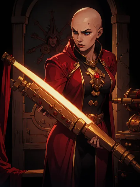 warhammer 40k grimdark priestess with bald head, wearing a red robe with text scrolls fitted to her clothing, mechanical eyesocket