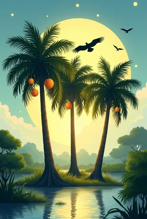 Logo for social media profile with three buriti palm trees (Mauritia Flexuosa) in the swamp, with ripe buriti fruits, with the sun shining brightly in the blue sky, with vultures flying in the distance.