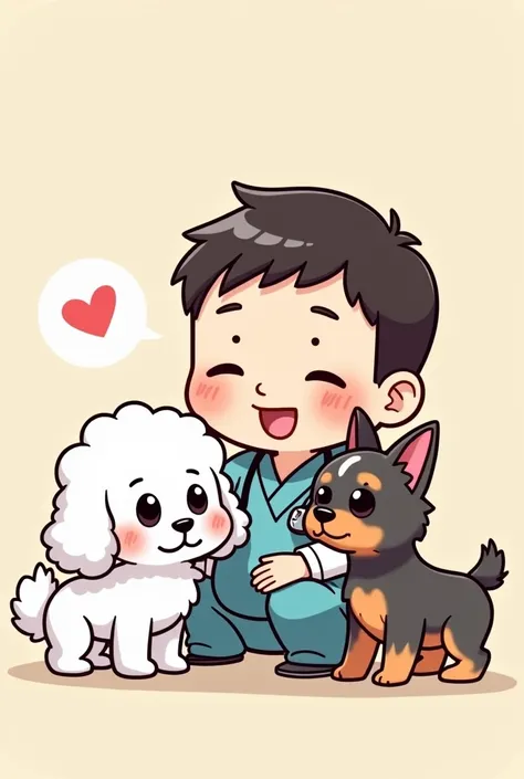 Make a chibi-style drawing of a male veterinarian and two female dogs, being a white poodle with black eyes and a YORKSHIRE with erect ears, gray hair, black and brown.